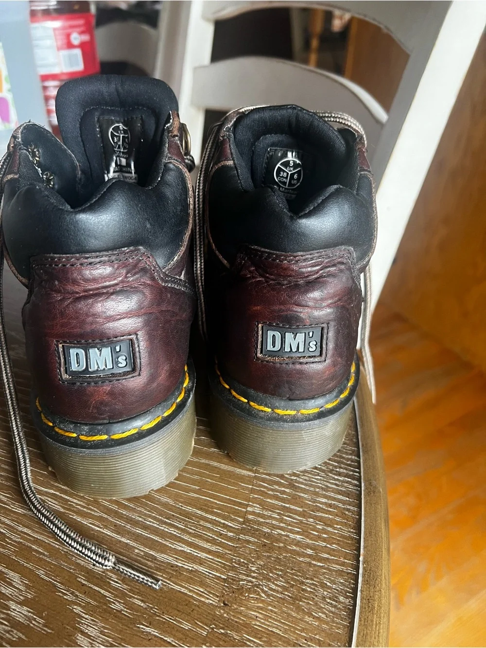 Dr. Martens Dark Brown Leather Lace-Up Boots with Yellow Stitching
